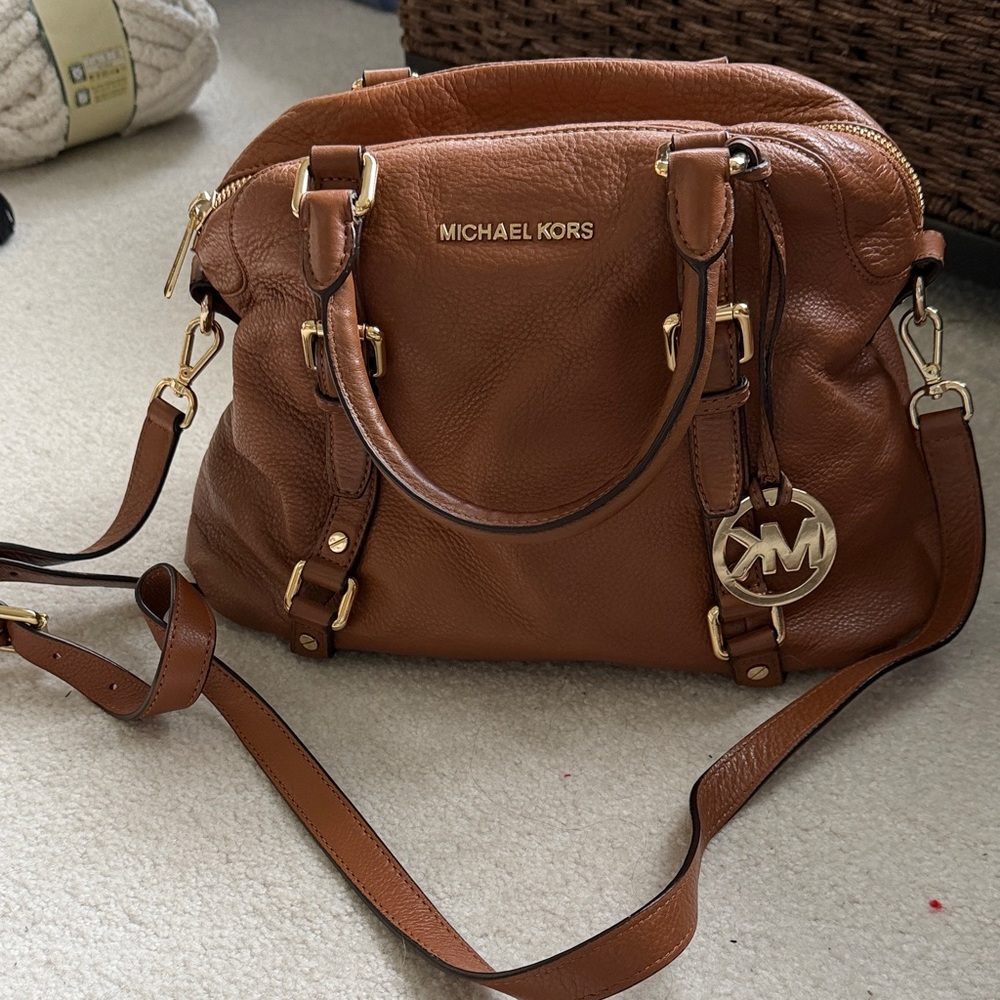 Michael Kors dark camel leather satchel shoulder strap handbag